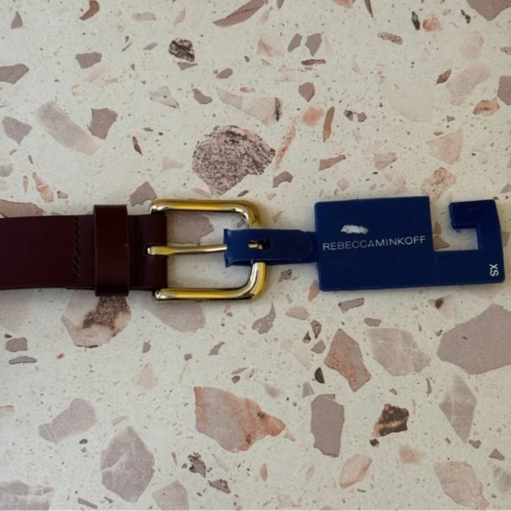 Rebecca Minkoff New Size XS‎ Mahogany Brown Studded Leather Belt Gold Hardware